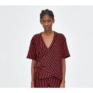 Zara Red Navy Blue Stripe Faux Wrap Knit Top S Small Buckle